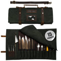 Asaya Waxed Canvas Knife Roll Bag - 15-Slot Chef Knife Bag with Leather Straps, Large Zippered Pocket and Card Holder - Carrying Case for Chefs and Culinary Students – Knives Not Included (Green)