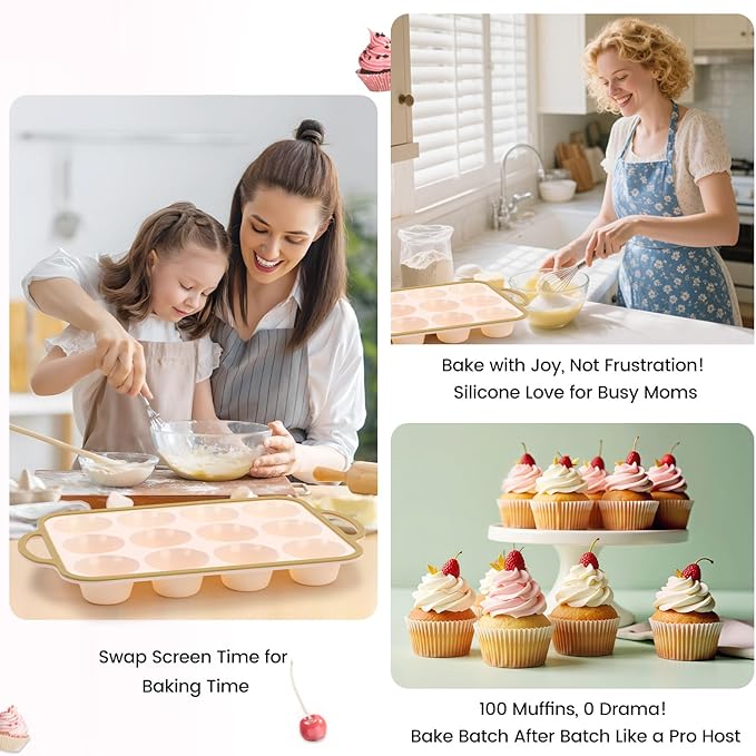 Fimary Silicone Muffin Pans for Baking 2 Pack, 2.6 Inch with Metal Reinforced Frame, Regular Size Nonstick Cupcake Pan 12 Cups for Baking Homemade Muffins, Dishwasher Safe BPA Free-Light Yellow