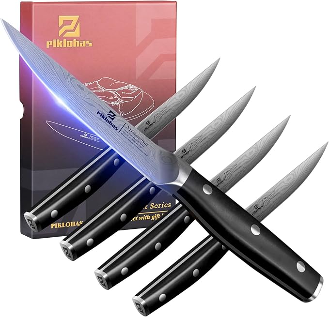 Piklohas Steak Knives Set of 4, 4.6 Inch Non Serrated Dinner Knife, Forged German Steel Damascus Pattern Straight Edge Meat Knife with Full Tang Handle, Dishwasher Safe, Ideal for Gift