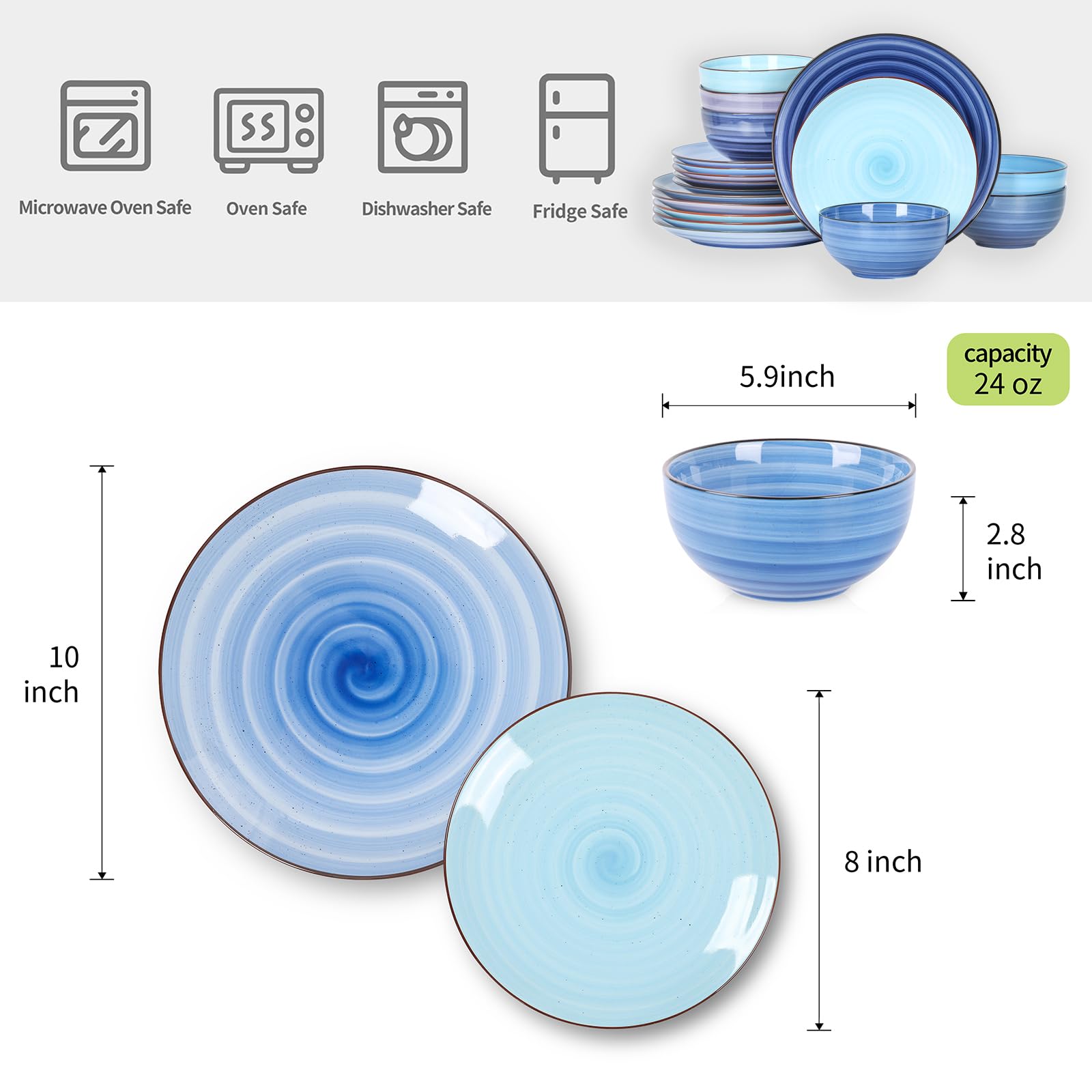 Selamica Ceramic Dinnerware Sets for 6, 18 Pieces Plates and Bowls Set, Scratch Resistant Dishes Set, Handpainted Swirl with Spot Dishwasher & Microwave Safe, Gradient Blue