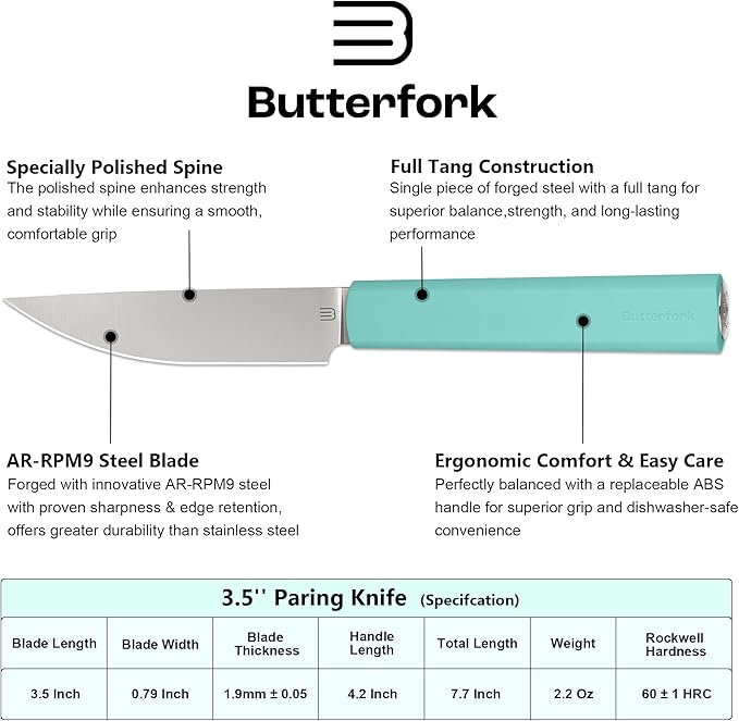 Butterfork 3.5 Inch Paring Knife, AR-RPM9 Steel Fruit Vegetable Knife with Ergonomic ABS Handle Oak Sheath, Ultra Sharp Kitchen Knife for Peeling Coring Cutting, Gift for Home Chefs