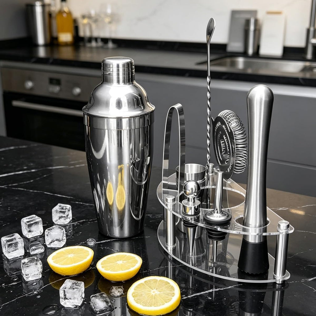 9-Piece Cocktail Shaker with Stand, 25oz Bartender Kit, Cocktail Shaker with Strainer Set, Bar Set Jigger for Bartending Drink Mixer Set, Cocktail Set Recipe (Silver)