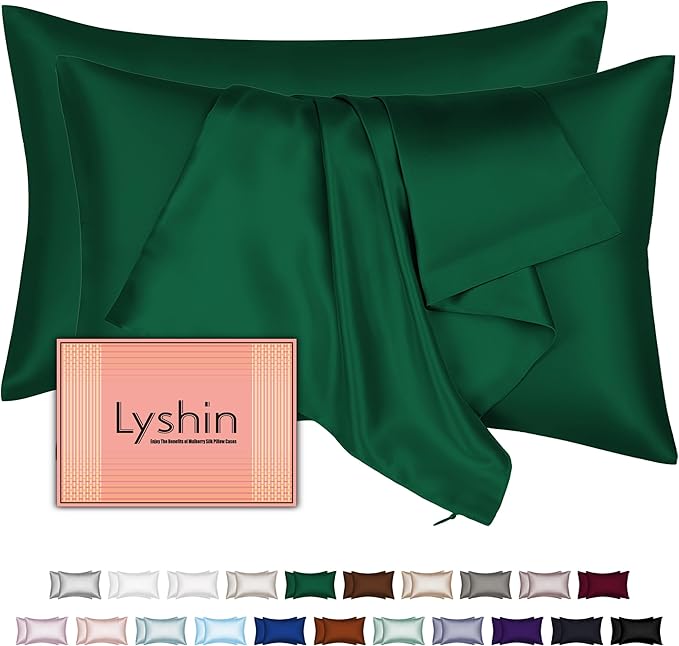 LYSHIN Silk Pillow Cases 2 Pack Standard Size with Zipper, Olive Green