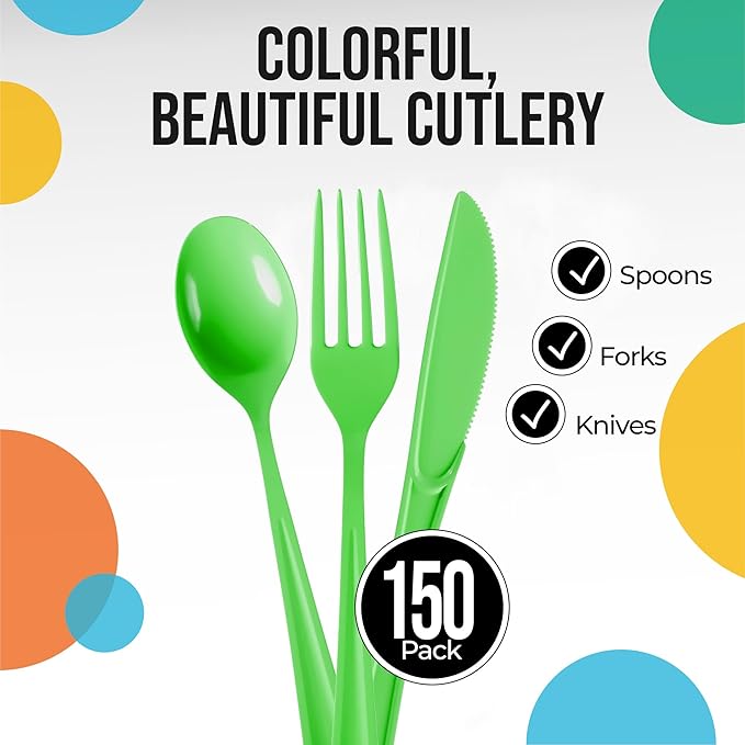 Party Solids Lime Green Plastic Silverware Heavy Duty 150 Pieces Lime Green Disposable Silverware Heavy Duty, Utensil Sets, 50 Of Each Forks, Knives & Spoons Disposable Cutlery Set For Party Supplies