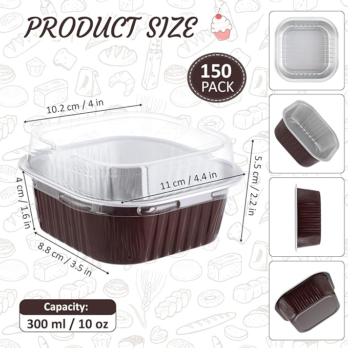 Aoriher 150 Pcs 10 oz Mini Cake Pans with Lids Brown