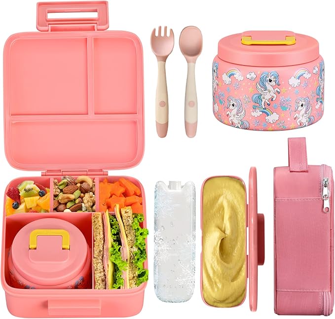 JXXM Bento Lunch Box for Kids With 8oz Soup Thermo,Leak-proof Lunch Containers with 5 Compartment,Thermos Food Jar and Lunch Bag, Food Containers for School (A-Pink(Fantasy Unicorn))