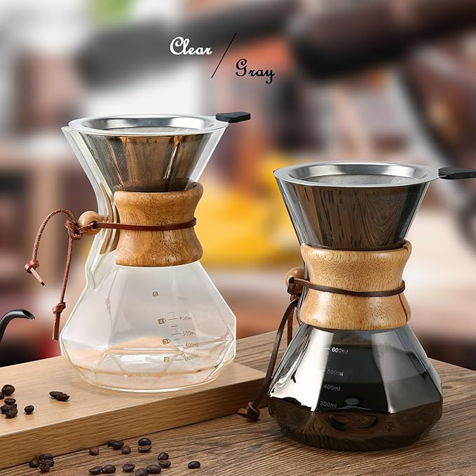 Lalord Pour Over Coffee Maker, 600ml/20oz Borosilicate Glass Carafe, Stainless Steel Filter, Wooden Collar, 3-4 Cups Serving, Gray
