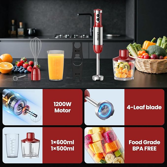Immersion Blender Handheld 1200W, 5-in-1 Hand Blenders, 20 Speeds Hand Mixer, Stainless Steel Blades, Milk Frother Wand, Whisk, Beaker, Suitable for Kitchen, Protein Shakes and Baby Food