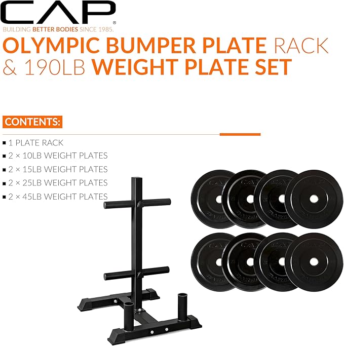CAP 190lb Elite Olympic Bumper Plate Set with Compact Storage Rack