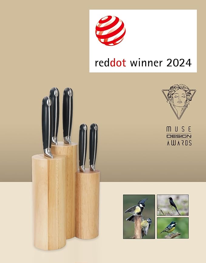 ZUNMARK Kitchen Knife Set, Skylark Series 6-Piece High Carbon X50CrMoV15 Steel Professional Chef Knife Set with Solid Wood Block, Unique Design Knife Block Set, Dishwasher Safe, Elegant Black