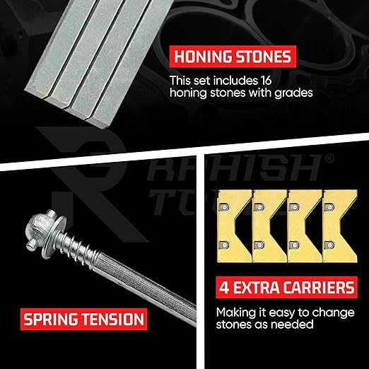 Rahish Tools Engine Cylinder Hone Kit 2.5" to 5.5" with 4 Extra Carriers Adjustable Handheld Honing Machine Tool Kit with 16 Stones Sizes 4" x1/2" x1/2" - Works for Mid-Size to Larger Car Engines