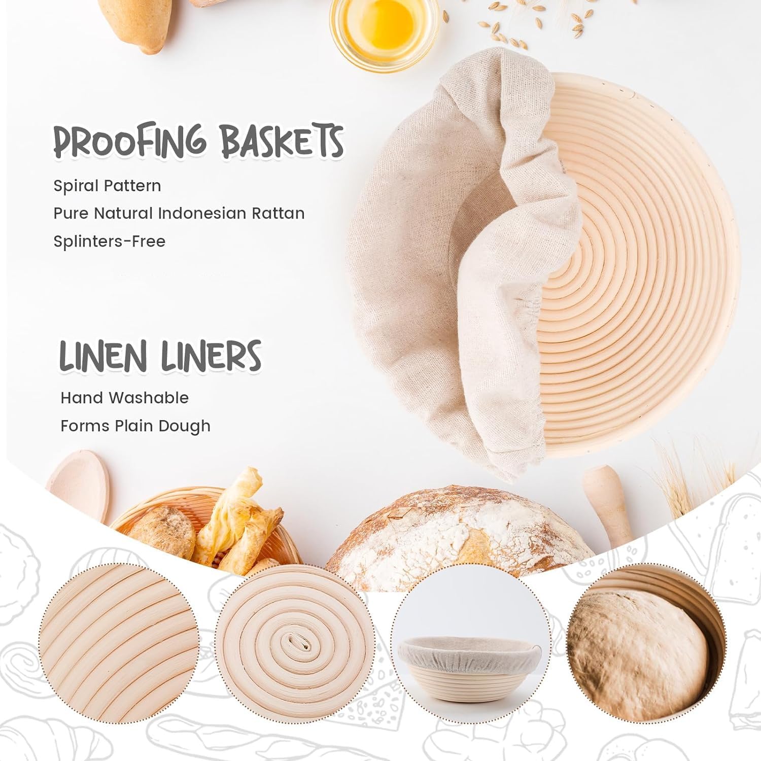 DOYOLLA Round Bread Dough Proofing Rising Rattan Baskets(Set of 2, 9 inch) w/Liners for Home Sourdough Bread Bakers