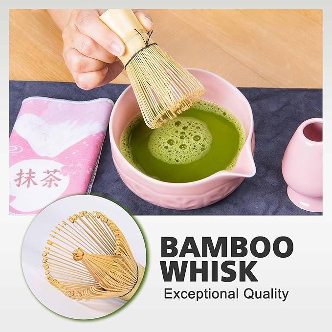 Matcha Whisk Bowl Set, 7PCS Japanese Matcha Kit with Spout Bowl (Pink) Bamboo Whisk Stand Scoop Sifter Accessories for Tea Ceremony Latte, Gifts for Family,Friends