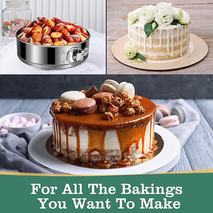 E-Gtong Springform Pan, Stainless Steel Springform Cake Pan, Leakproof & Nonstick Cheesecake Pan, 4" 7" 9" Round Cake Molds with 50 Pcs Paper Liners and 7 Pcs Piping Tips