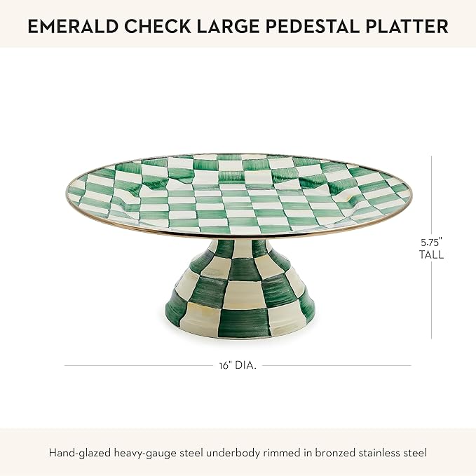 MACKENZIE-CHILDS Pedestal Platter, Large, Green-and-White Emerald Check
