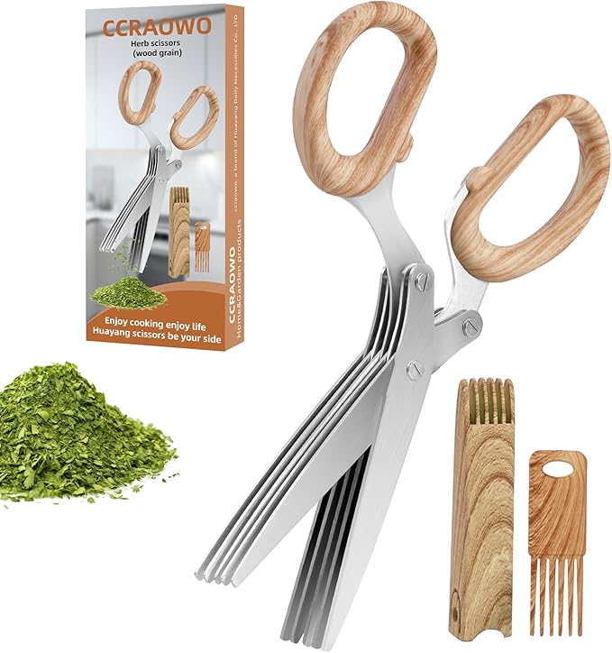 ccraowo 2025 New Herb Scissors Set - Wood Grain Pattern 5 Blades with Cover and Comb - Skin-Friendly Handle, Delicate Grip - Dishwasher Safe, Anti-Rust Stainless Steel for Cutting Fresh Garden Herbs