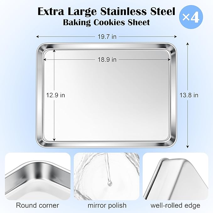 E-far Large Baking Sheet Set of 4, 20"x14" Stainless Steel Cookie Sheet