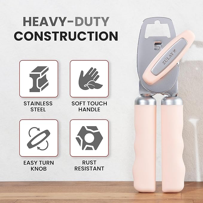 Zulay Kitchen Heavy Duty Stainless Steel Can Opener Manual with Bottle Opener - Rust Proof Manual Can Opener With Turn Knob & Comfy Soft Grip Handles - Apricot Peach