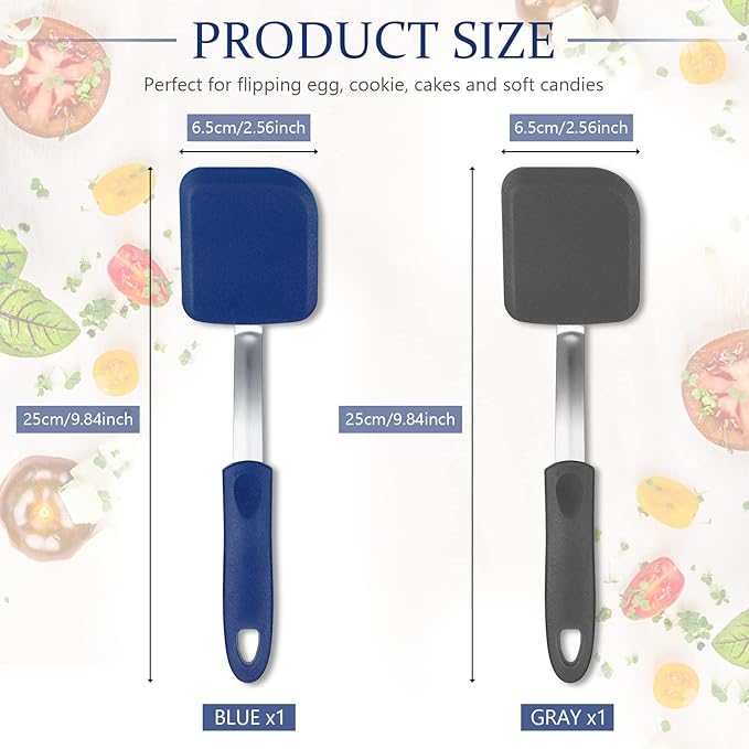Yetene Silicone Cookie Spatula Turner 2 Pack Mini Brownie Spatula Flexible Kitchen Small Silicone Turner for Nonstick Cookware Heat Resistant No Scratch Flipper for Egg(Solid Flat,Gray, Blue)