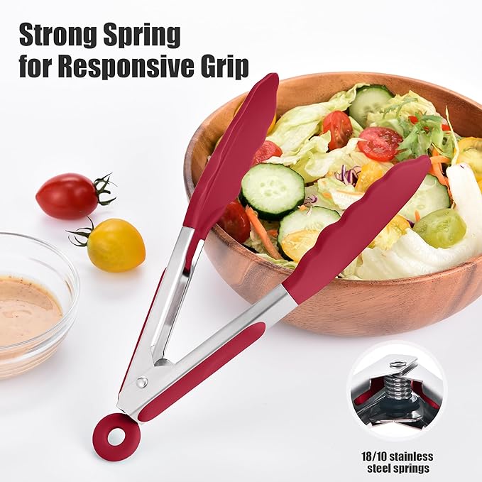 Doosu Kitchen Tongs with Silicone Tips for Cooking Serving (7in, Red)