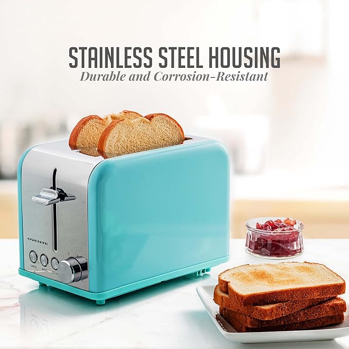 OVENTE 2-Slice Electric Toaster, 825W 6 Browning Setting, Turquoise TS2450T