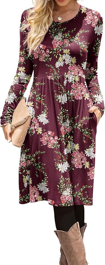 DB MOON Women Casual Long Sleeve Dresses Empire Waist Loose Dress with Pockets (Flower Wine Red, L)