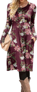 DB MOON Women Casual Long Sleeve Dresses Empire Waist Loose Dress with Pockets (Flower Wine Red, S)
