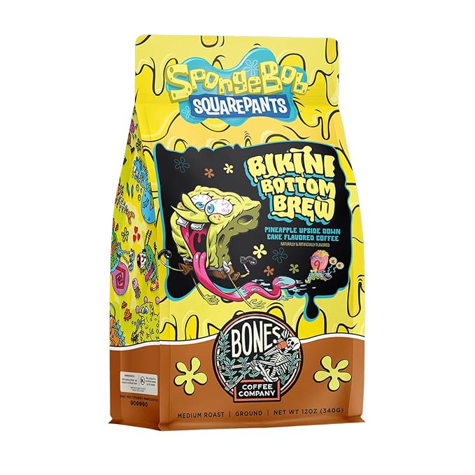 Bones Coffee Company Spongebob Bikini Bottom Brew, Pineapple Upside Down Cake Flavored Coffee, Medium Roast Low Acid Arabica Beans For Auto drip and French Press Coffee Maker, 12 Oz Ground