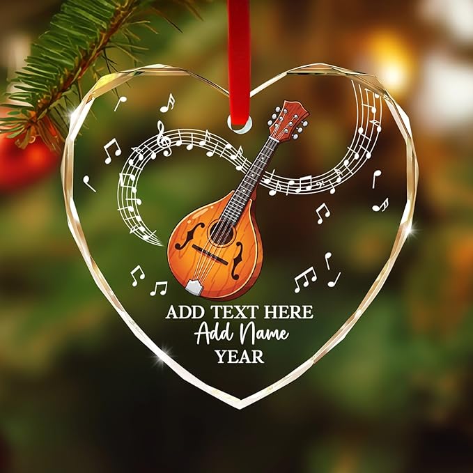 Custom Mandolin Christmas Glass Ornament 2026, Personalized Mandolin Player Xmas Ornament with Text Name & Year, Musical Instrument Christmas Tree Ornaments, Gift for Men Women Mandolinist