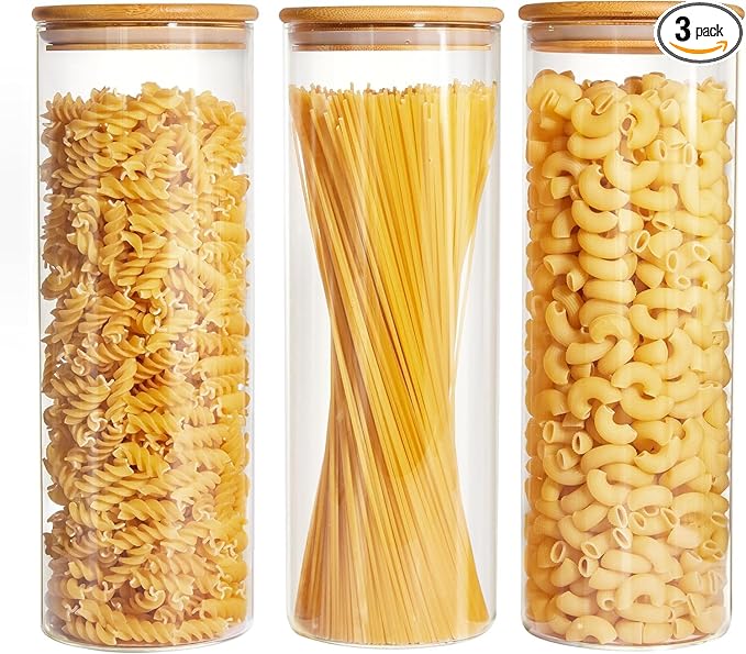 Spreccio Glass Food Storage Jars with Lids 2.34 Qt [Set of 3], Perfect for Pasta, Cookies, Nuts, Coffee, Cereal, Flour, and More, Organize Your Kitchen and Pantry with these BPA-Free Glass Canisters