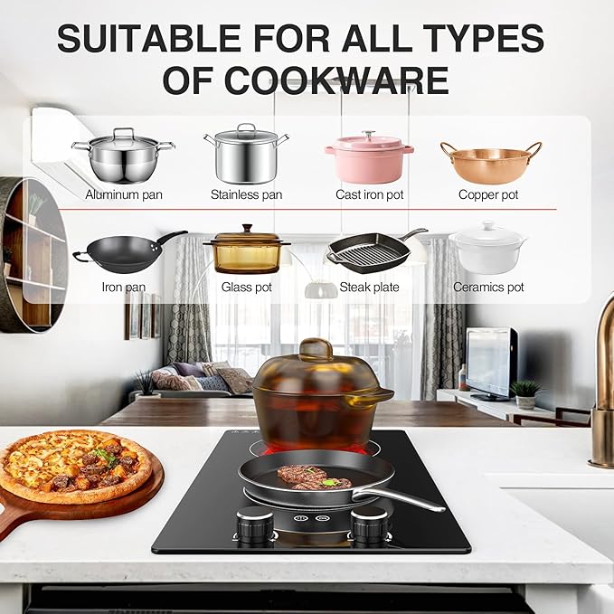 GTKZW 110v Electric Cooktop 2 Burners, 12'' Electric Stove Top with Plug in, Knob Control Countertop & Built-in Ceramic Cooktop, 9 Power Levels, Child Lock, Timer, Over-Heat Protection
