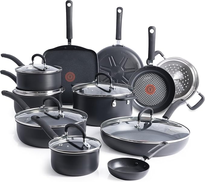 T-Fal Ultimate Hard Anodized Nonstick Pots and Pans Set 17 Piece, Nonstick Cookware Set with Fry Pan, Saucepans, Saute-Pan, Griddle, Dishwasher Safe, Onyx