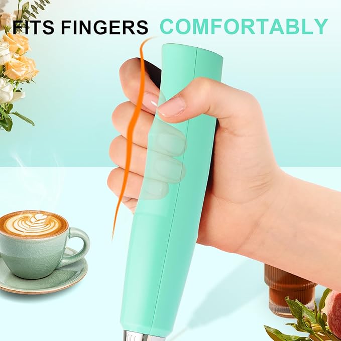 YUSWKO Handheld Milk Frother Wand for Coffee, Rechargeable Electric Whisk with 3 Heads 3 Speeds Drink Mixer Coffee Frother For Latte, Cappuccino, Hot Chocolate, Egg, Baby Blue