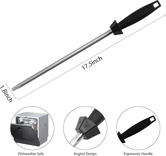 12-Inch Knife Sharpening Rod, Honing Steel with 15/18/20 Degree Guides