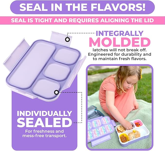kinsho Bento Lunch Box with Insulated Bag, Ice Pack and Accessories for Girls. Snack Containers with 4 Compartment Dividers for Toddlers Pre-School Daycare BPA Free Set, Utensils, Rainbow Unicorn
