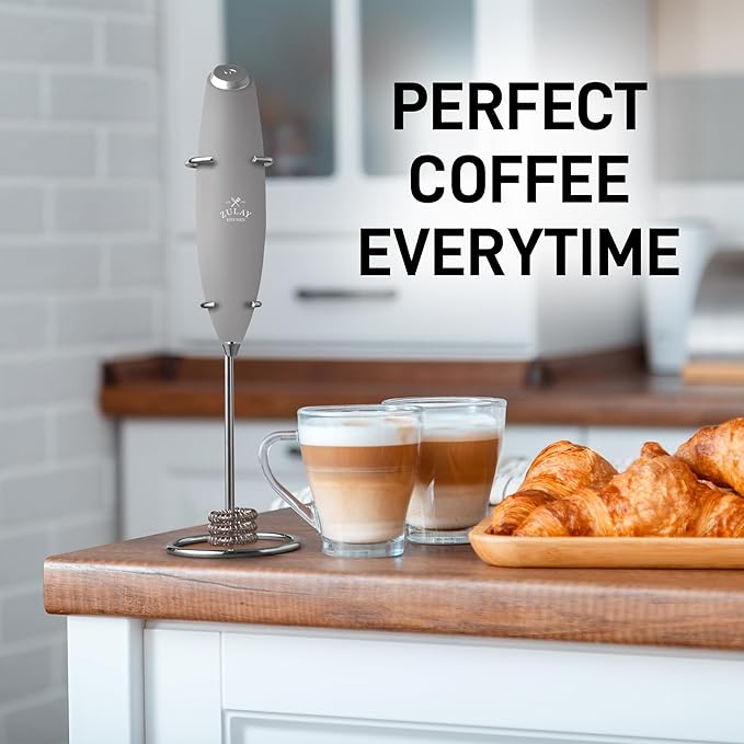 Zulay Kitchen Powerful Milk Frother Wand With Duracell Batteries - Ultra Fast Handheld Drink Mixer - Electric Whisk Foam Maker for Coffee, Lattes, Cappuccino & Matcha - Triple Whisk - Pewter Gray