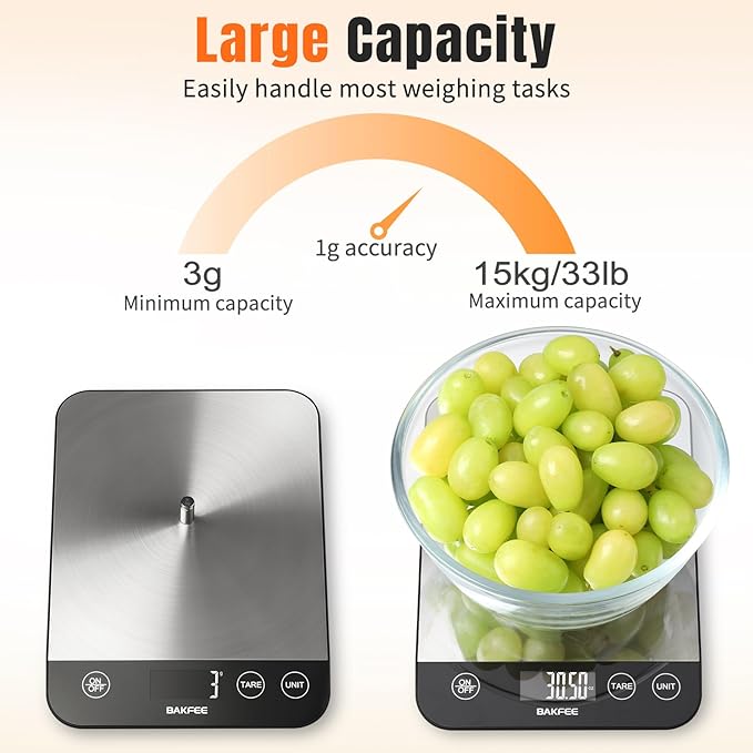 BakFee Food Scale, 33lb Kitchen Scale, 1g Precision, USB-C Charging, Black