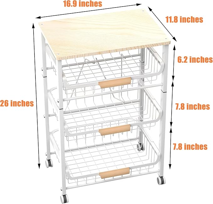 NiuYichee 4-Layer Fruit Basket Kitchen Food Storage Organizer and Storage Rack, Stackable Storage cart with Desktop, Pull-Out Hollow Metal Storage Basket, liding Out Storage,White