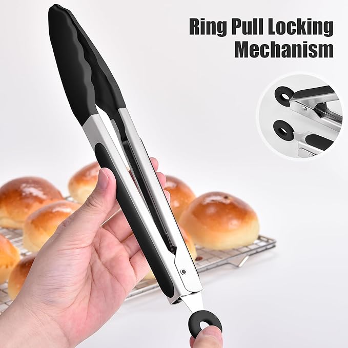 Doosu Kitchen Tongs with Silicone Tips for Cooking Serving (3Pcs, Black)