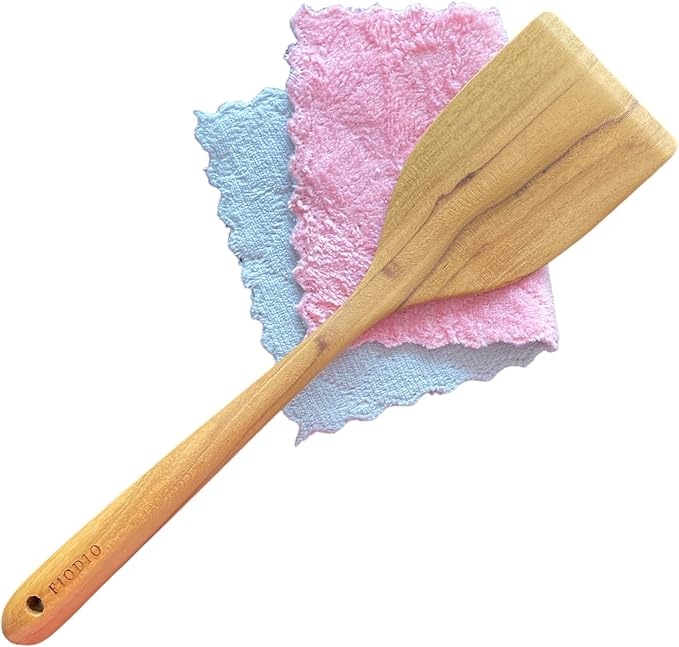 Fiodio Home Teak Wooden Spatula for Cooking – Handcrafted Non-Stick Kitchen Utensil with Comfort Grip & Microfiber Cloth