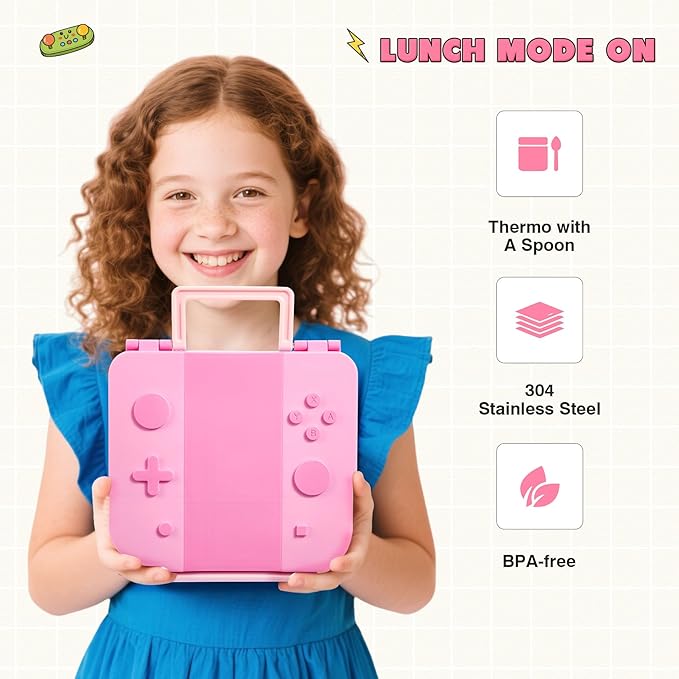FAJSL Game Bento Box for Kids, Lunch Box with Thermo(9oz Food Jar), Folding Spoon, Removable Divider & Sauce Cup, Lunch Box Kids for School,Travel, BPA-Free & Realistic Shape (Pink)