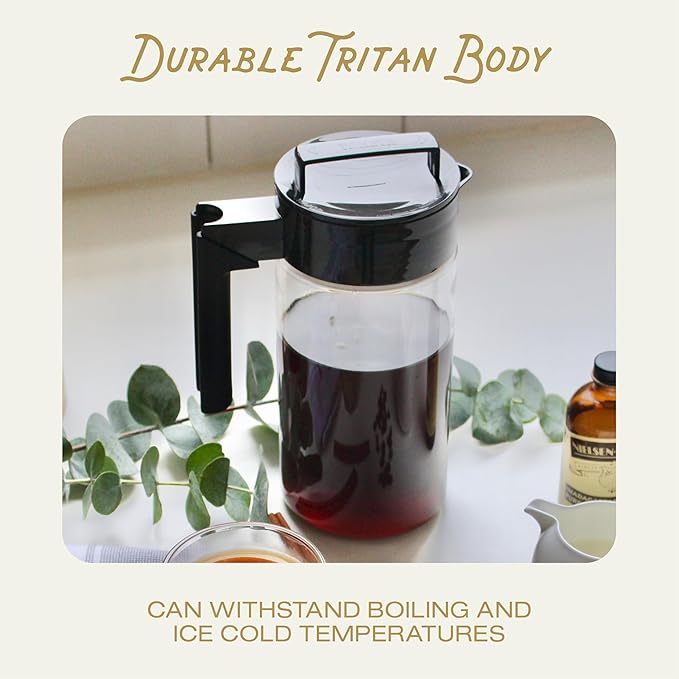 Takeya Deluxe Cold Brew Coffee Maker - BPA-Free Tritan Pitcher with Airtight Leakproof Lid, Silicone Grip Handle, Fine-Mesh Filter - Shatter-Proof, Dishwasher Safe, Made in USA - 1 Quart/Black