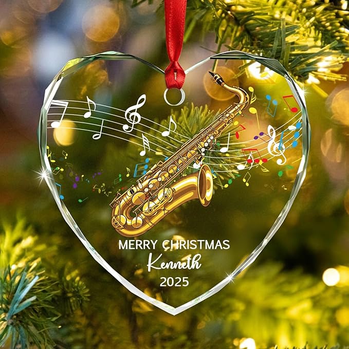 Personalized Text Year Name Saxophone Lover Glass Christmas Ornament 2026, Customized Saxophone Instrument Xmas Ornaments Gift for Brother Sister Dad Mom, Best Saxophonist Appreciation Glass Ornament