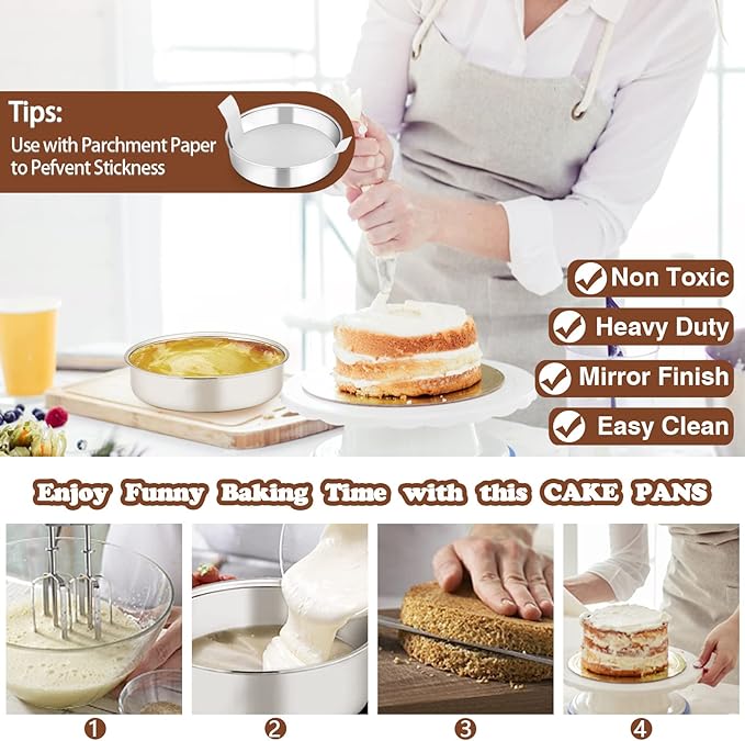 P&P CHEF 6 Inch Cake Pan Set of 4, Stainless Steel Round Cake Pans Tins