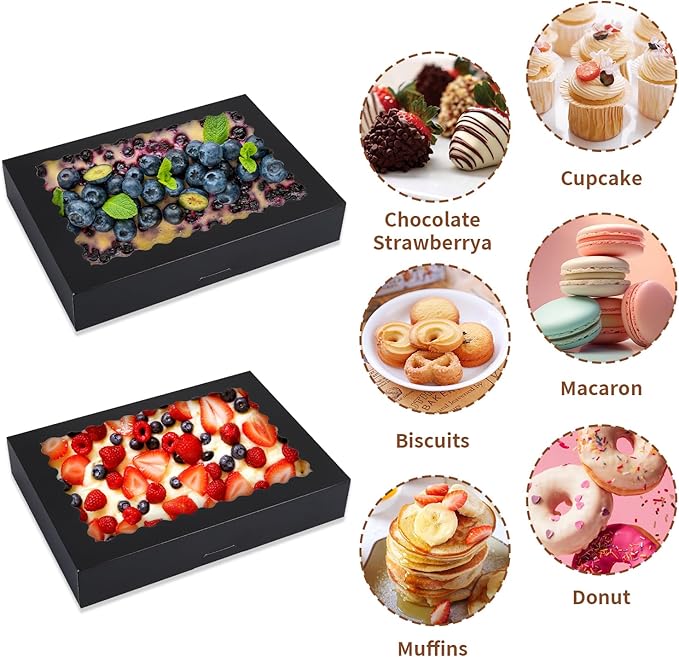 PFAMKEER Cookie Boxes,14x10x2.5 Inch Large Bakery Boxes with Window for Pies Chocolate Strawberries Muffins Donuts Pastry Dessert Christmas(Black, 14 * 10 * 2.5inch/24pcs)