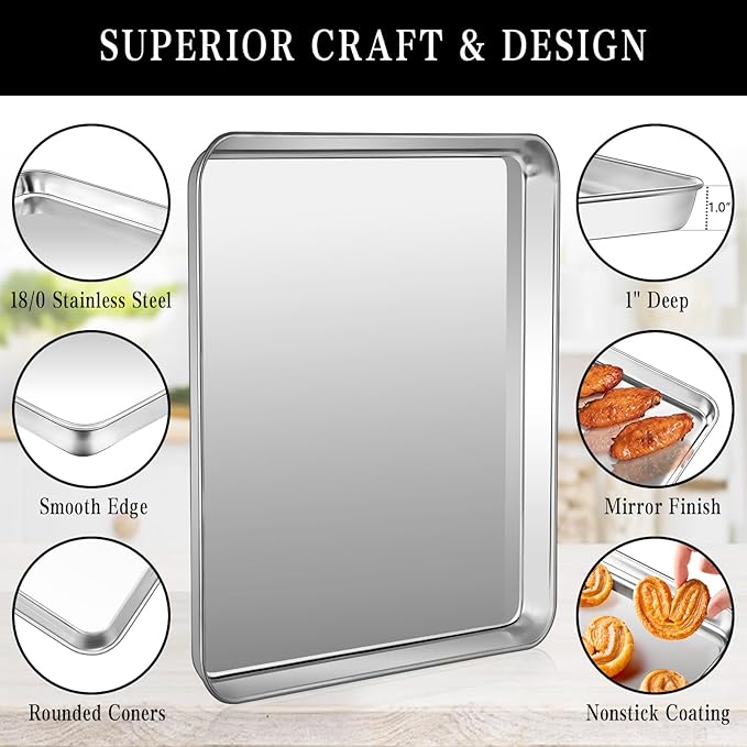 Pack Jelly Roll Pan Set of 2, 15.9” x 12” Stainless Steel Cookie Sheets for Baking, Non Stick Baking Sheets for Oven Heavy Duty Baking Trays