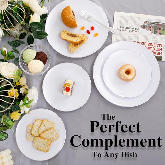 KIRE 100PCS Silver Plastic Plates - Heavy Duty White Disposable Plates with Silver Rim for Party/Wedding - Include 50Pcs 10.25inch Dinner Plates and 50Pcs 7.5inch Dessert Plates for Party