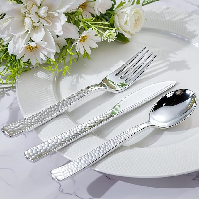 WELLIFE 75 Pack Silver Plastic Silverware,Pre Rolled Silverware Set Disposable,Disposable Cutlery Includes: 75 Forks, 75 Knives, 75 Spoons, 75 Napkins,Plastic Utensils for Party and Wedding