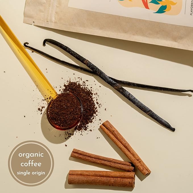 Organic Cinnamon Vanilla Ground Coffee - Real Cinnamon & Vanilla - Medium Roast, Flavored Coffee - Smooth Low-Acid - Perfect for Drip, Pour Over or Cold Brew - 8 oz, 22 Servings
