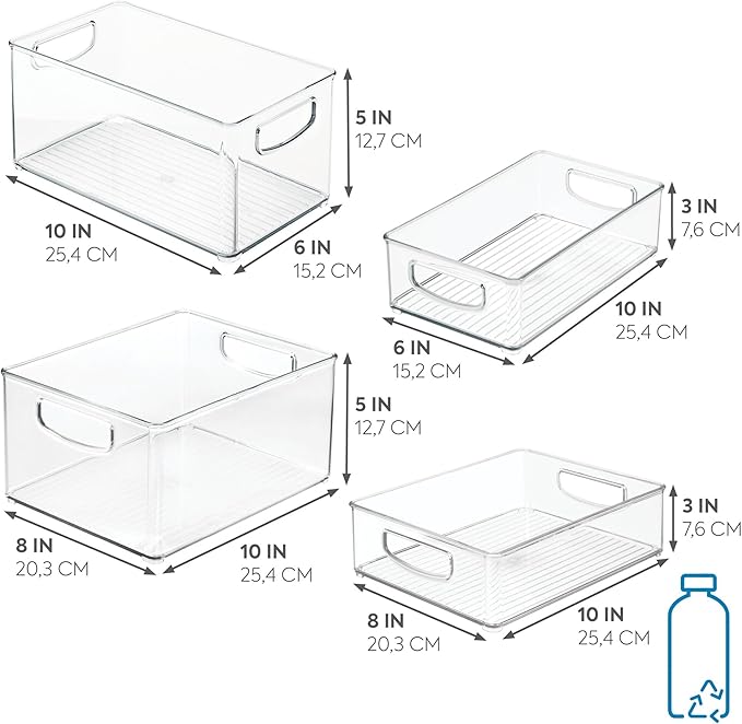 iDesign Stackable Pantry Bins with Handles, 4 Different Sizes, 4 Pack, Clear, Made in USA